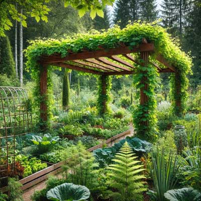 pergola dans un jardin forêt